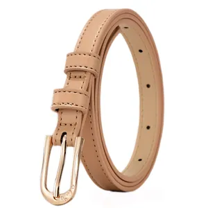 Elegant thin apricot leather belt for women with golden heart-shaped engraved buckle