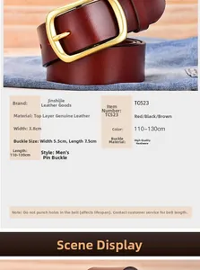 Detail view of genuine leather belt with premium hardware pin buckle and size specifications