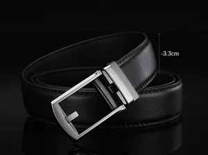 Detail of 3.3cm black men's belt with silver brushed metal automatic ratchet buckle