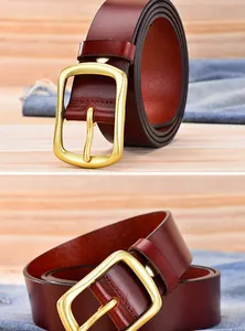 Close-up of a men's genuine leather belt with a vintage matte brass buckle and stitching