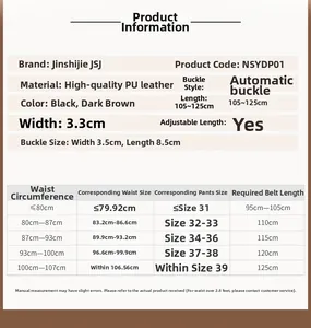 Size chart for men's PU leather belt with alloy automatic buckle showing length and width