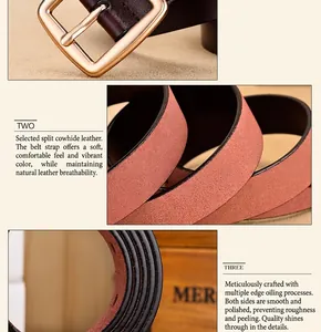 Detail view of genuine leather belt with light gold buckle and smooth edge finish