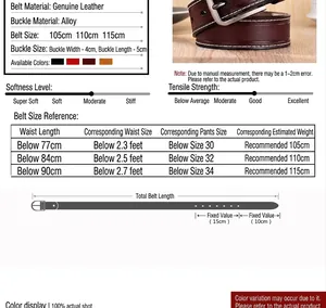Guide des tailles de ceinture en cuir montrant les longueurs de 105 à 115 cm par taille