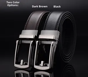 Dark brown and black men's business belts with brushed metal automatic buckles