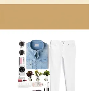 Flat lay of women's denim shirt and white jeans with a thin round buckle leather belt