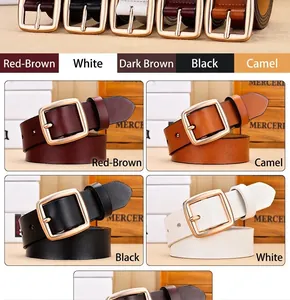 Detailed view of leather belts with gold buckles in red-brown, white, black, and tan
