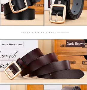 Detail of dark brown leather belt showing fine stitching and classic golden square buckle