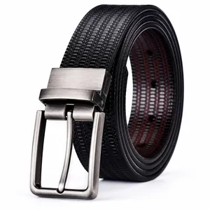 Men's black embossed leather belt with gunmetal needle buckle for business attire