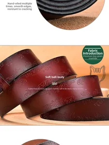 Macro view of vintage embossed top grain cowhide leather belt with hand-oiled edges
