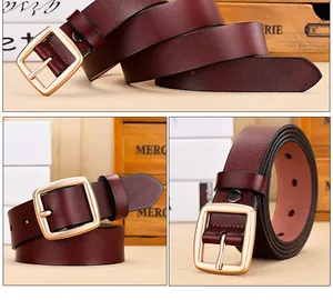 Detailed close-up of dark red leather belt with elegant golden square metal buckle