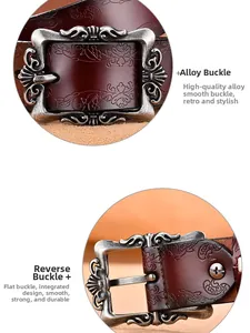 Detailed close-up of antique silver alloy buckle with floral carving and leather texture