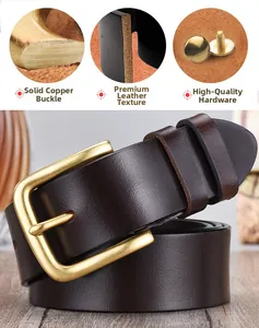 Detailed macro view of men's genuine leather belt with solid brass buckle hardware