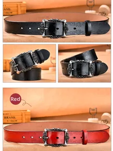 Macro detail of vintage embossed floral pattern on genuine leather belt with metal buckle