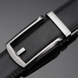 Men's black leather belt with silver brushed automatic buckle for business casual