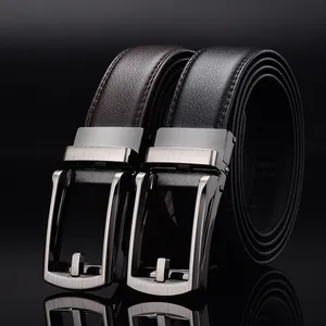 Men's business belt set with automatic alloy buckles in black and dark brown leather