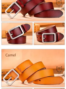 Detail von Echtleder-Gürtel in Camel und Burgunder mit gebürsteter Metallschnalle