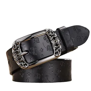 Ceinture vintage en cuir pour femme avec papillons embossés et boucle argentée ciselée