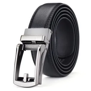 Men's matte black business belt with alloy automatic slider buckle on white background