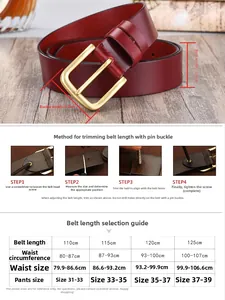 Size guide for men's leather belt showing length options and width of 3.8cm