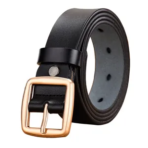 Women's black leather belt featuring a sleek gold square buckle for jeans and trousers