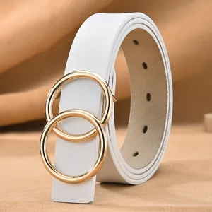 Dames Riem Van Echt Split Rundleer Met Dubbele Ring Legering Gesp Klassiek Glad Effen Kleur Tailleband Voor Jeans Jurk Dames Mode Accessoires