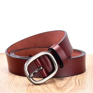 Classic wine red leather belt for women with elegant vintage silver oval needle buckle