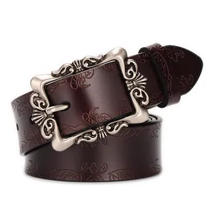 Women's Retro Embossed Split Cattle Leather Belt With Baroque Hollow Alloy Pin Buckle Floral Pattern Vintage Waist Belt