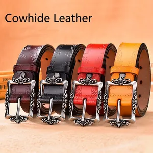 Vintage embossed genuine leather belts for women with western style floral metal buckle