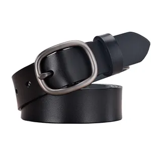 Classic black leather belt for women featuring a minimalist round metal pin buckle