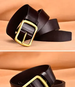 Detalle de cinturón de cuero marrón oscuro para hombre con hebilla de pasador dorada retro