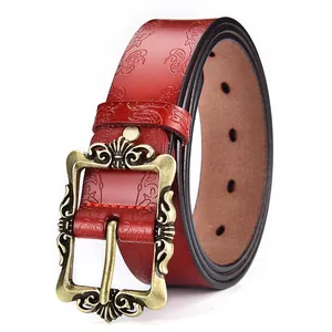 Vintage floral embossed red leather belt with antique bronze buckle for women