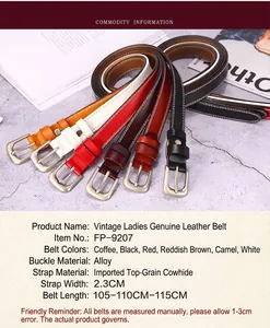 Detailed view of genuine cowhide leather belt showing various colors and alloy buckle