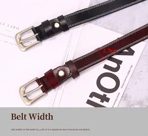 Detail of 2.3cm genuine leather belts in black and brown with silver buckles and double stitching