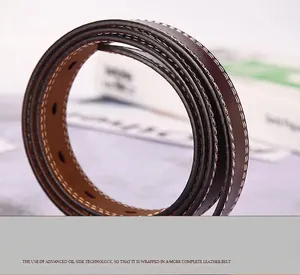 Macro detail of dark brown leather belt showing smooth oil side edges and white stitching