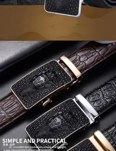 Detailed close-up of men's business belts featuring crocodile pattern and embossed buckles