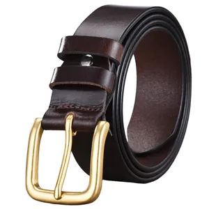 Classic dark brown top grain leather belt for men with a matte gold brass pin buckle