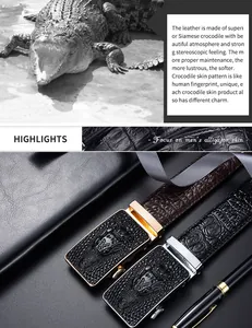 Detail of luxury crocodile leather belts with gold and silver automatic embossed buckles