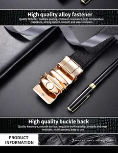 Detail of premium black alligator grain leather belt with gold alloy automatic buckle