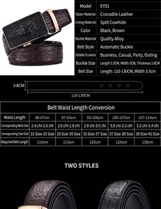 Size chart for men's leather belt with crocodile pattern and alloy automatic buckle