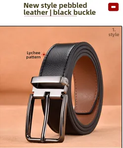 Close-up of black lychee grain genuine leather belt with bird buckle and brown lining