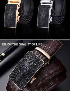 Detail of men's business belt showing crocodile embossed texture and automatic metal buckles