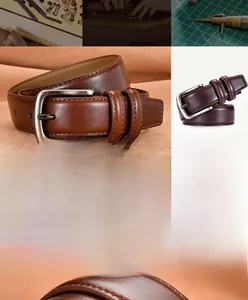 Détails d'une ceinture en cuir marron avec boucle en métal brossé et finition soignée