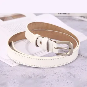 Minimalist white genuine leather belt for women with matte metal buckle and fine stitching