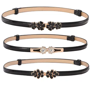 Women Slim Faux Leather Belt With Sweet Rhinestone Butterfly Flower Interlocking Buckle Elegant Fashion Decorative Waist Belt
