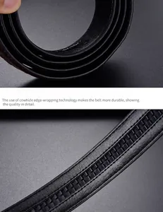 Macro shot of durable edge-stitching and automatic buckle track on black leather belt