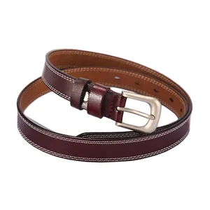 Deep brown leather belt for women with silver needle buckle and white double stitching