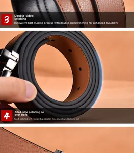 Detail view of brown cross-grain leather belt showing durable double stitching and smooth edges