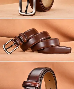 Vues détaillées d'une ceinture en cuir marron foncé avec boucle argentée mate et texture lisse