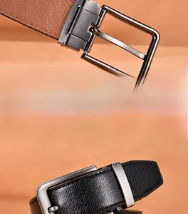 Close-up of gunmetal alloy pin buckle with focus on leather texture for men's belts