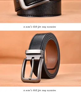 Detail of men's black crossgrain leather belt with a brushed grey metal pin buckle